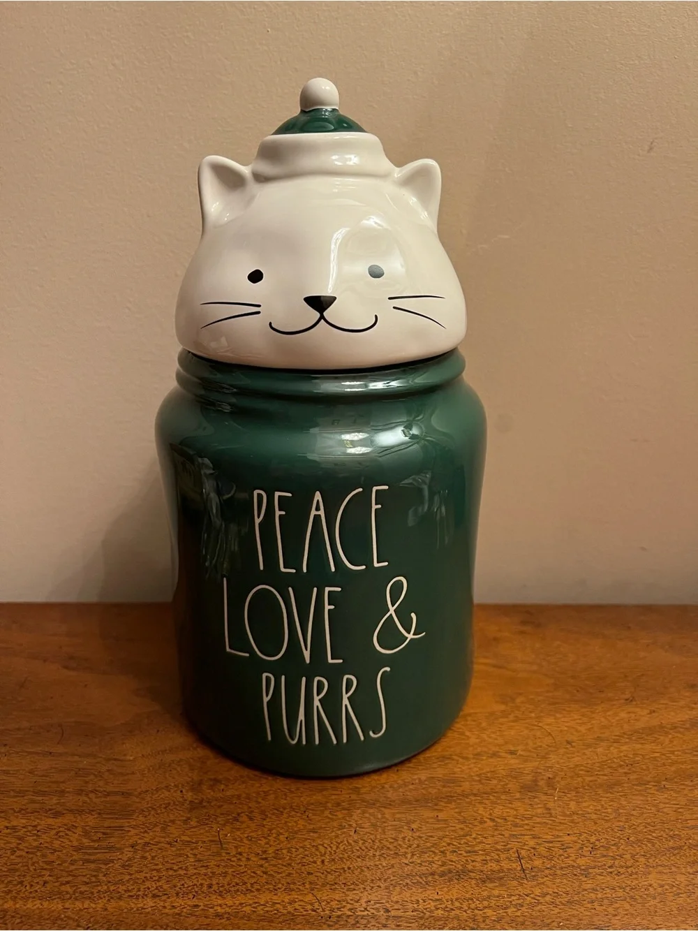 Rae Dunn Ceramic Cat Treat Jar in Green - Peace Love & Purrs